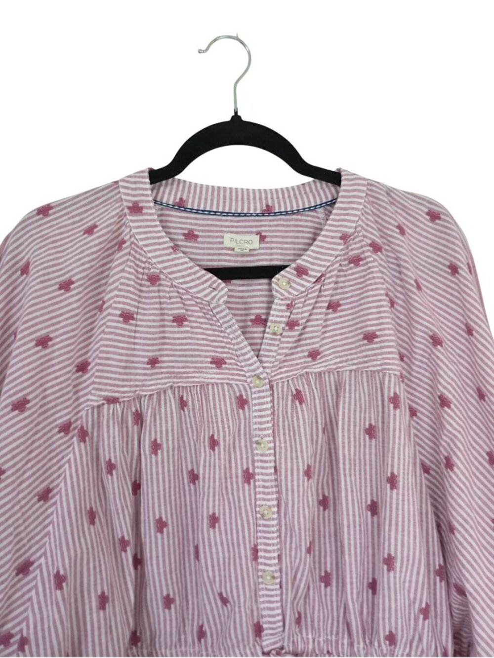 Pilcro Pink Striped & Embroidered Cotton Button-Down Peasant Blouse XL - Picture 4 of 10